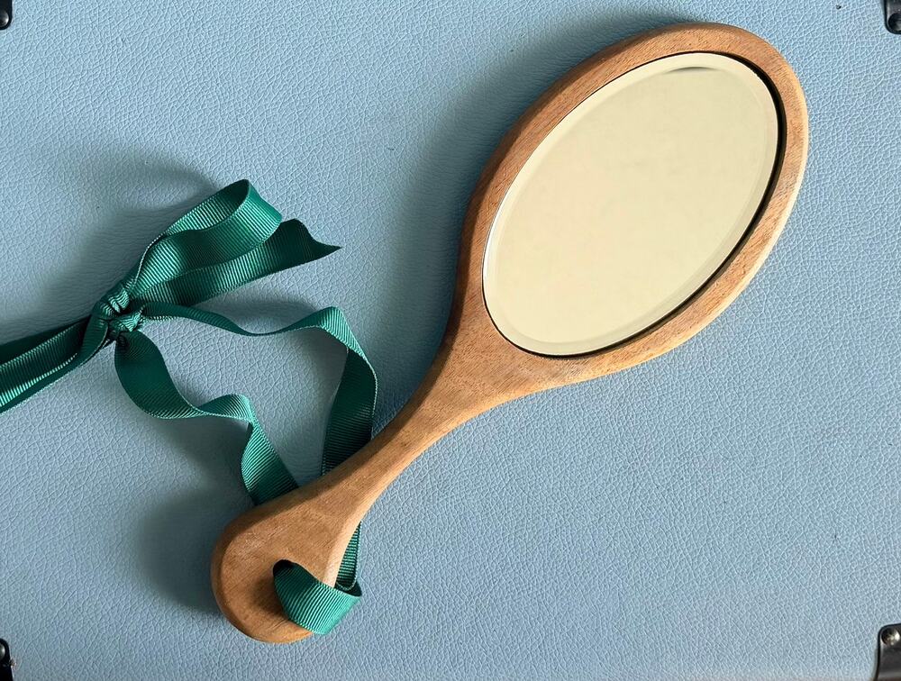 Vintage Wooden Hand Mirror 10" Oval Handcrafted Vanity Solid Cherry Walnut